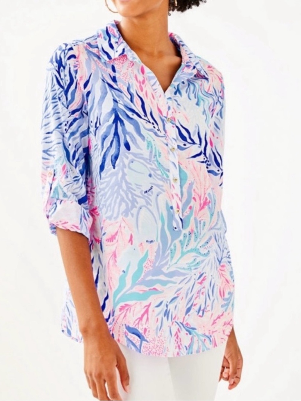 Lilly Pulitzer Captiva Tunic Kaleidoscope Coral Popover Top with Tab Sleeves XL